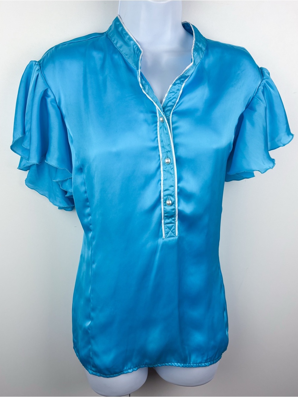 Vintage Y2K Satin Ruffle Sleeve Tie Waist Aqua Blue Blouse Top Office Siren XL